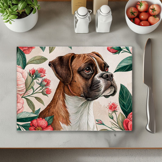 Boxer with Flowers Glass Chopping Cutting Board
