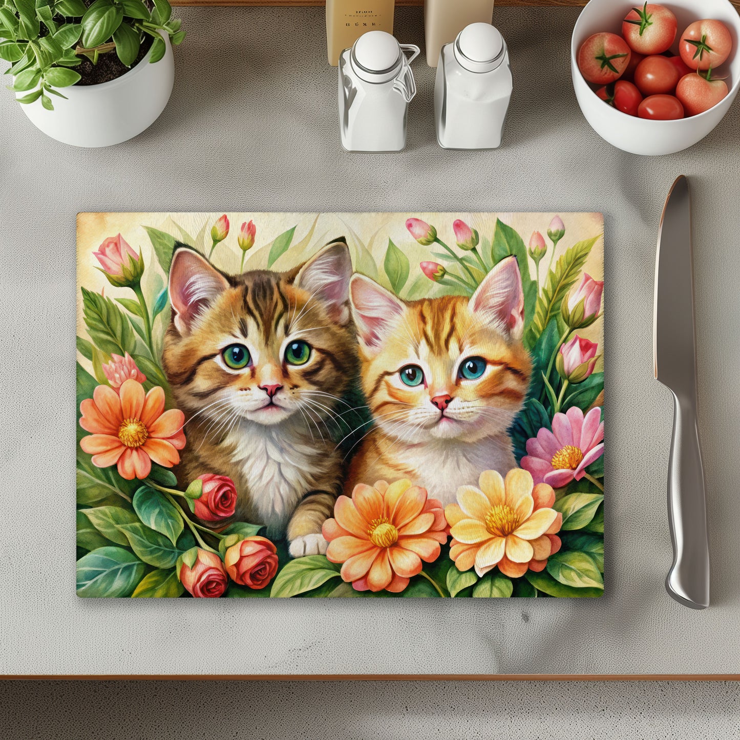 Cats and Flowers Chopping Cutting Board or Coaster