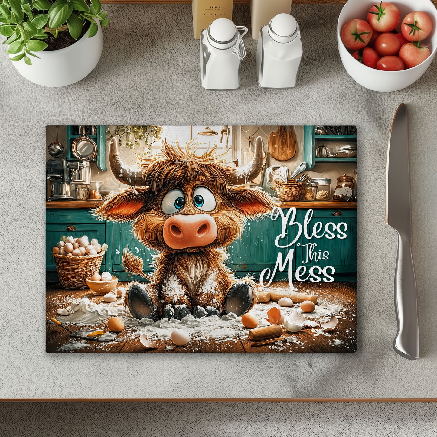 Cow Bless This Mess Chopping Cutting Board or Coaster