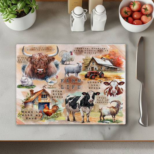 Farm Life Glass Chopping Cutting Board
