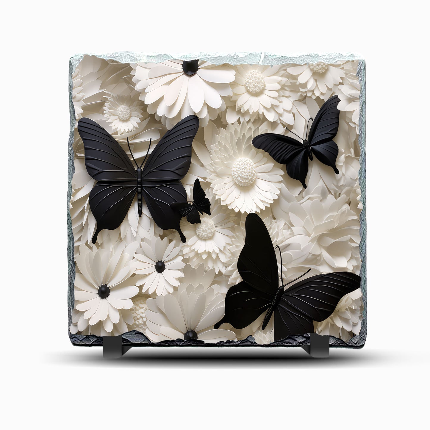 Flowers and Butterflies Black and White Design Printed Rock Slate