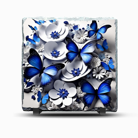 Flowers and Butterflies Blue and White Design Printed Rock Slate