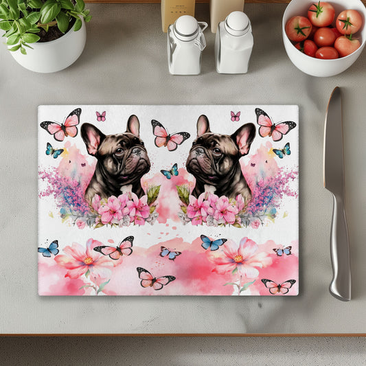 Frenchie and Pink Flowers French Bulldog Chopping Cutting Board or Coaster