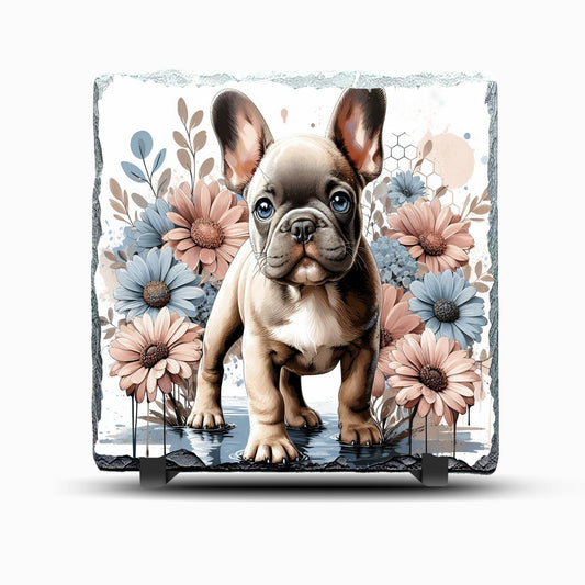 Frenchie Dog with Flowers Design Printed Rock Slate