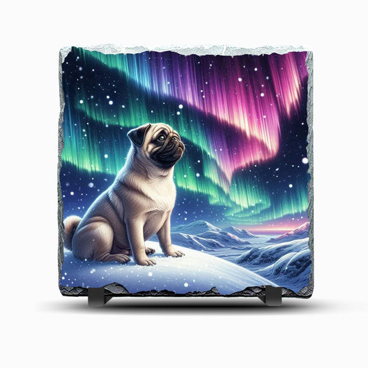Pug Dog Northern Lights Design Printed Rock Slate