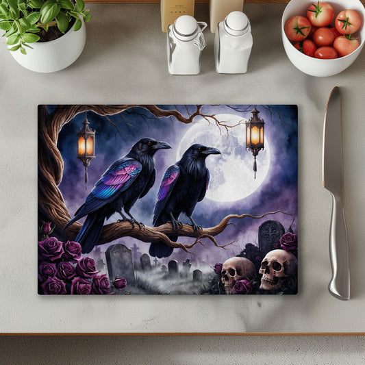 Purple Raven and Skulls Glass Chopping Cutting Board
