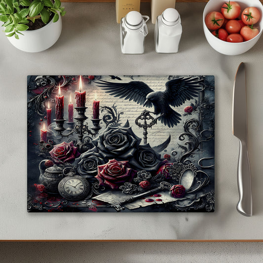 Raven and Roses Glass Chopping Cutting Board