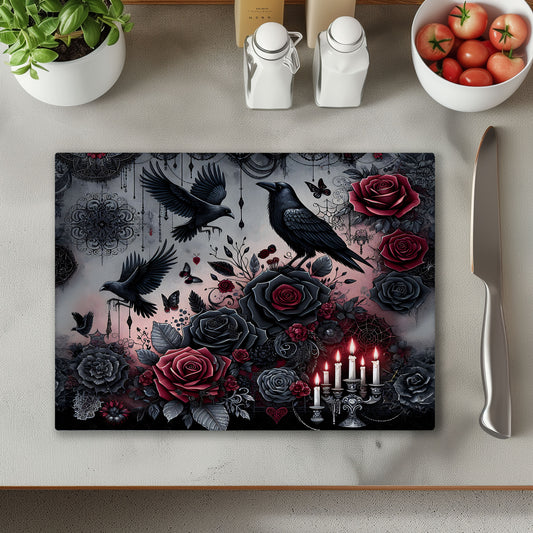 Ravens and Roses Glass Chopping Cutting Board