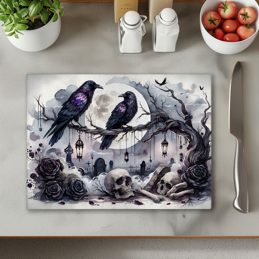 Ravens in Tree Glass Chopping Cutting Board