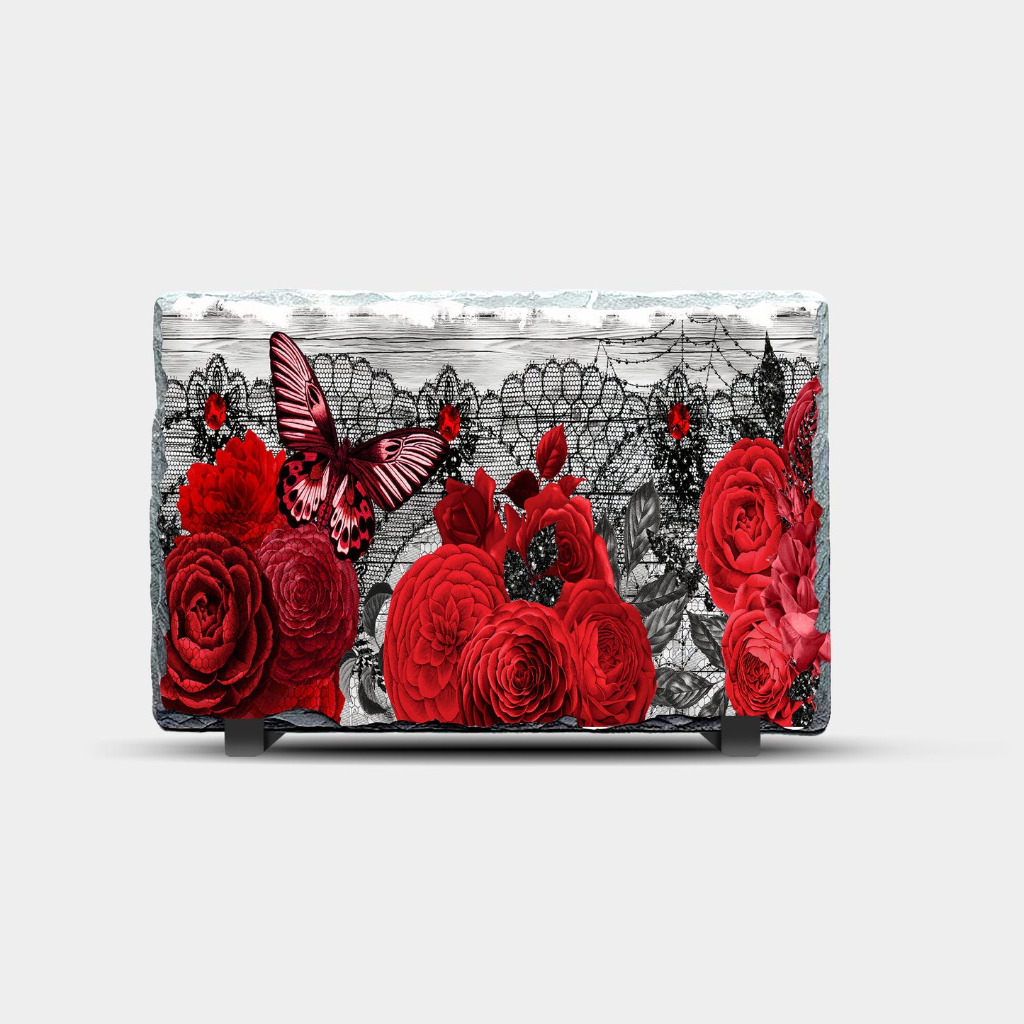 Red Butterflies and Roses Design Printed Rock Slate