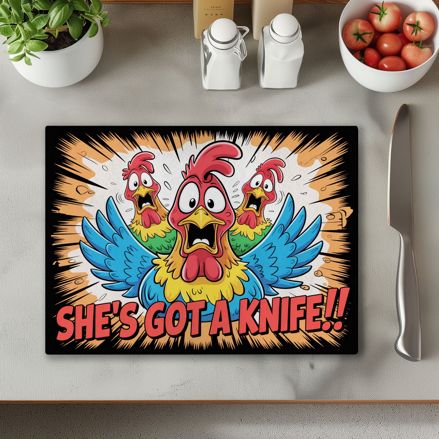 She's Got A Knife Chickens 2 Chopping Cutting Board or Coaster
