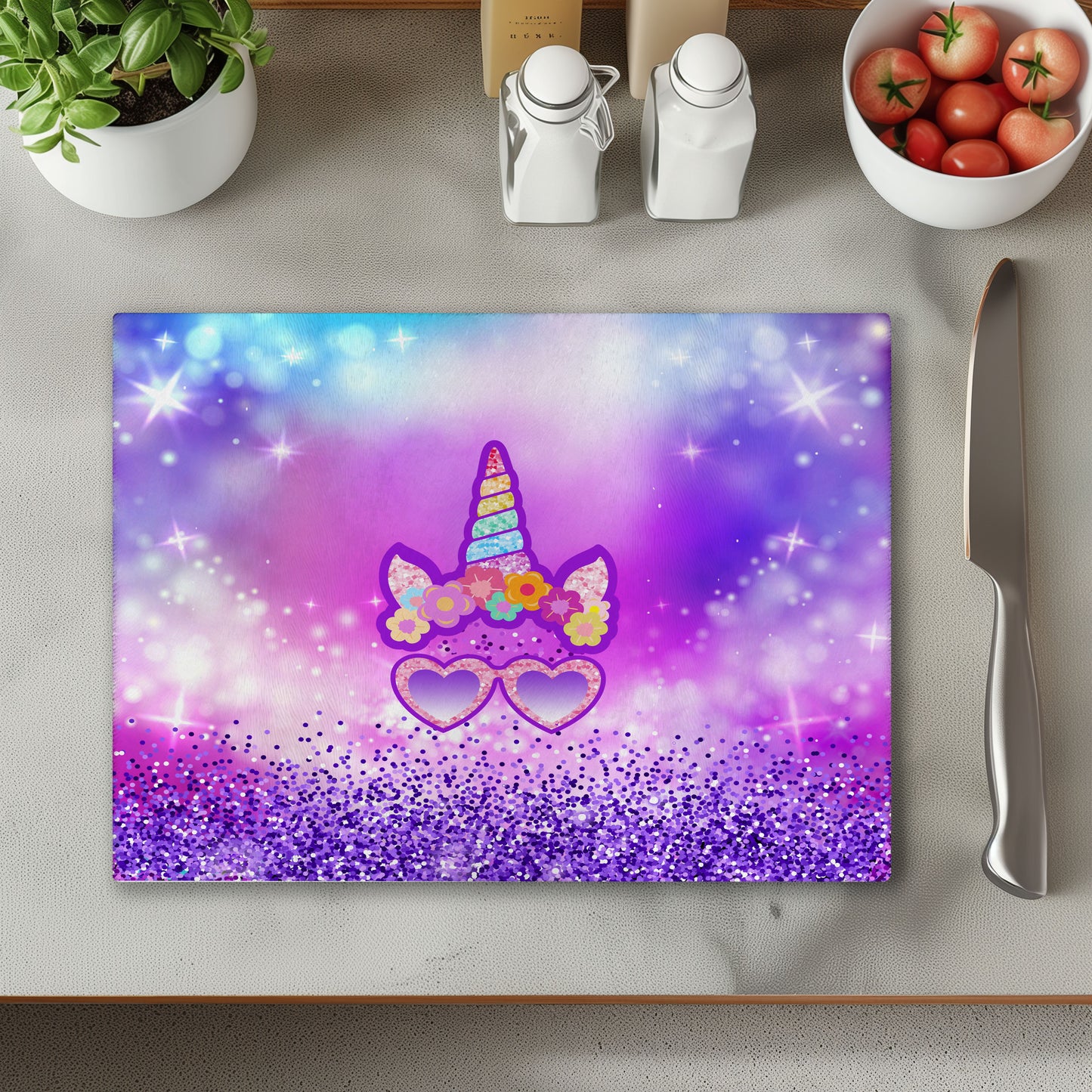 Unicorn with Glasses Glass Chopping Cutting Board
