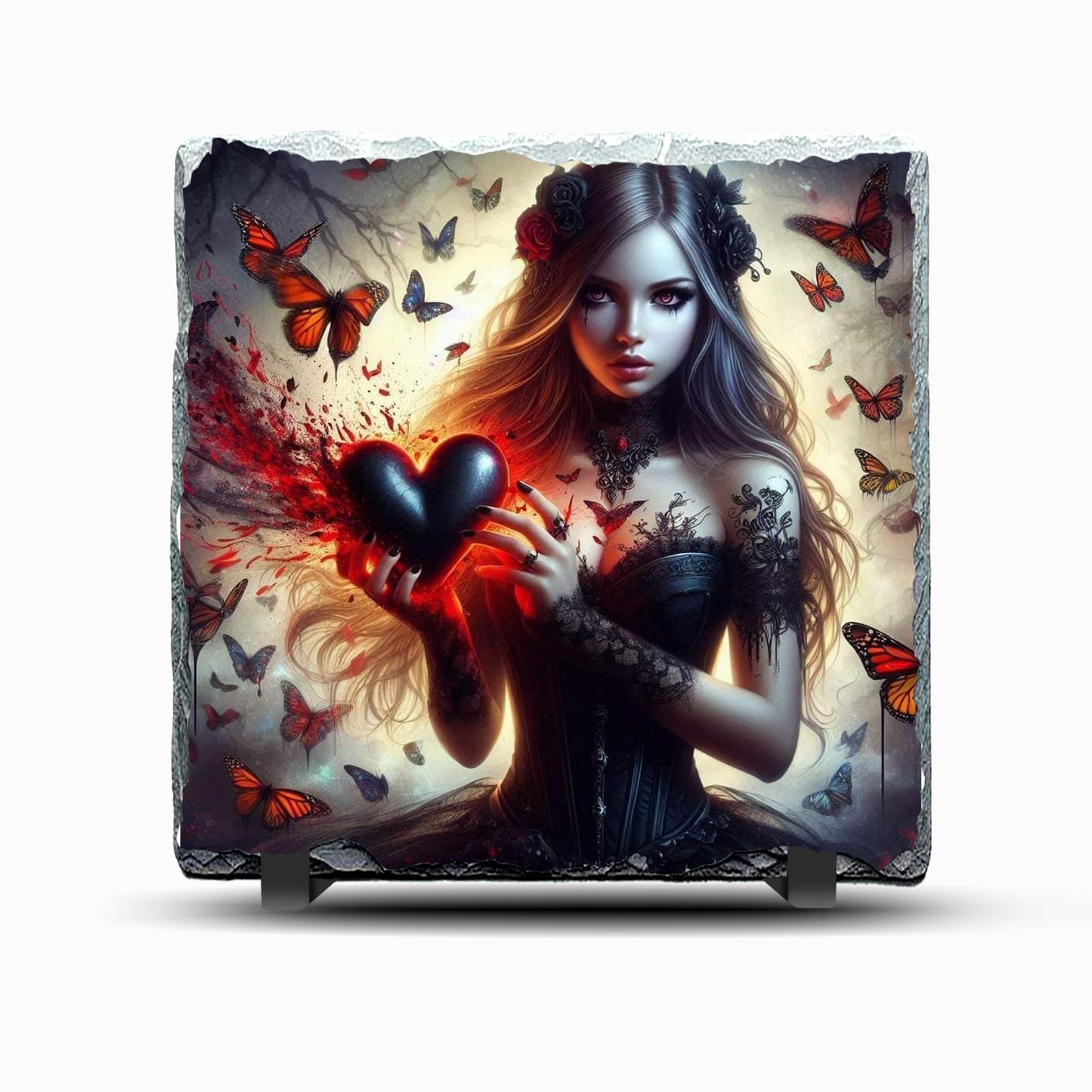 Woman with Hearts and Butterflies Design Printed Rock Slate