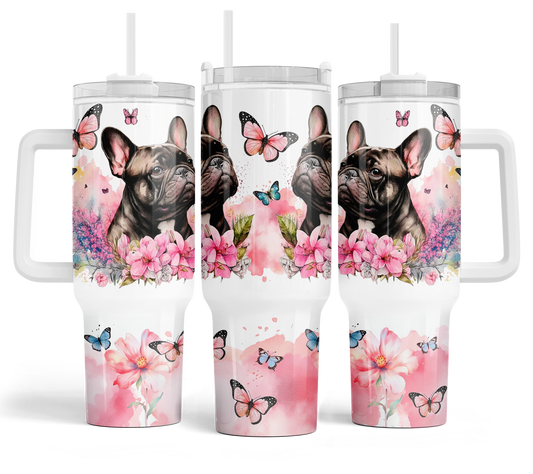 Frenchie with Pink Flowers 40oz Tumbler